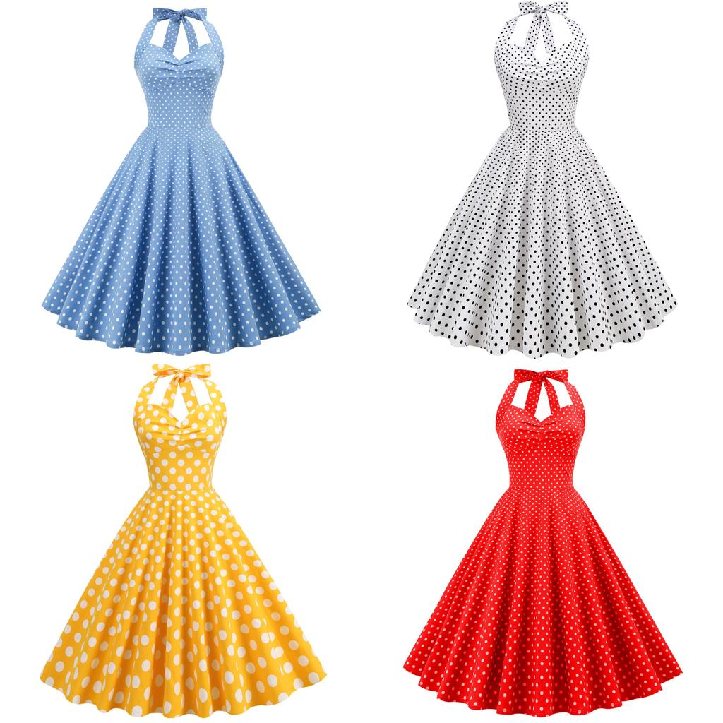 Vintage Polka Dot Cotton Blend Sleeveless Dress With Tie Waist For Casual And Party Wear