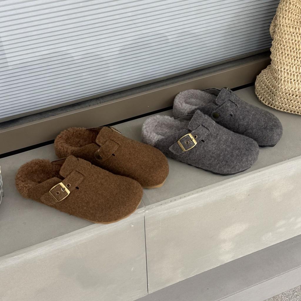 2025 Winter New Leather Retro Thick-soled Heightening Versatile Casual Slippers Women's Thickened and Hairy Low-top Birkenstocks