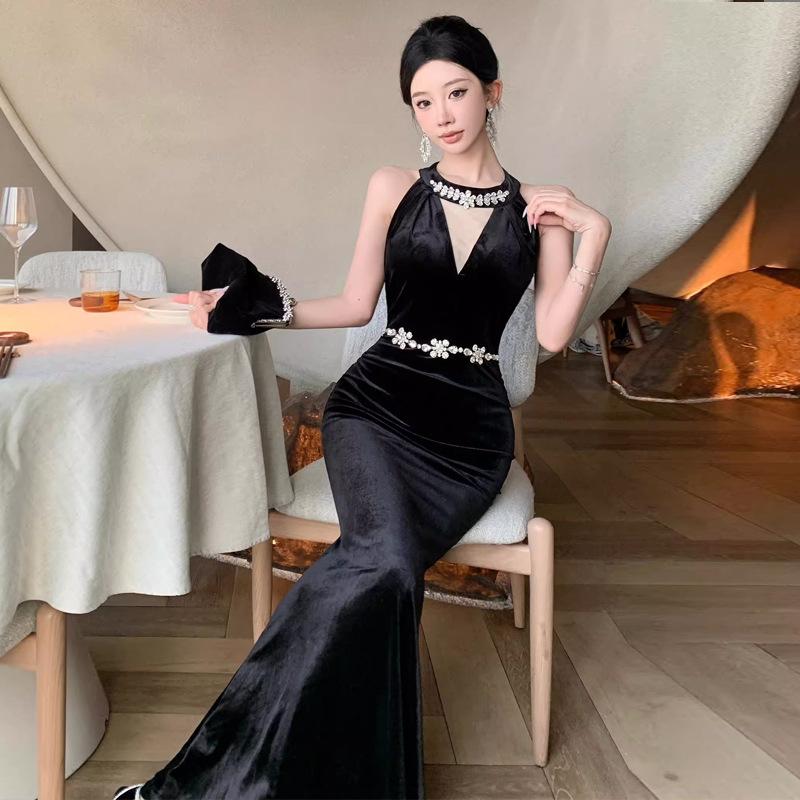 Robe en velours pour femme, tempérament français, coutures en maille, ornée de diamants