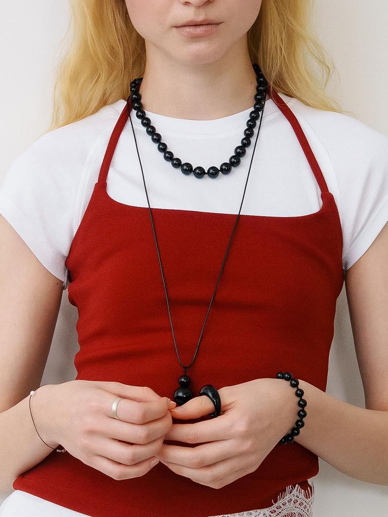 Love Me Monster Two Ball Onyx Long Strap Necklace (L261Mnk180)