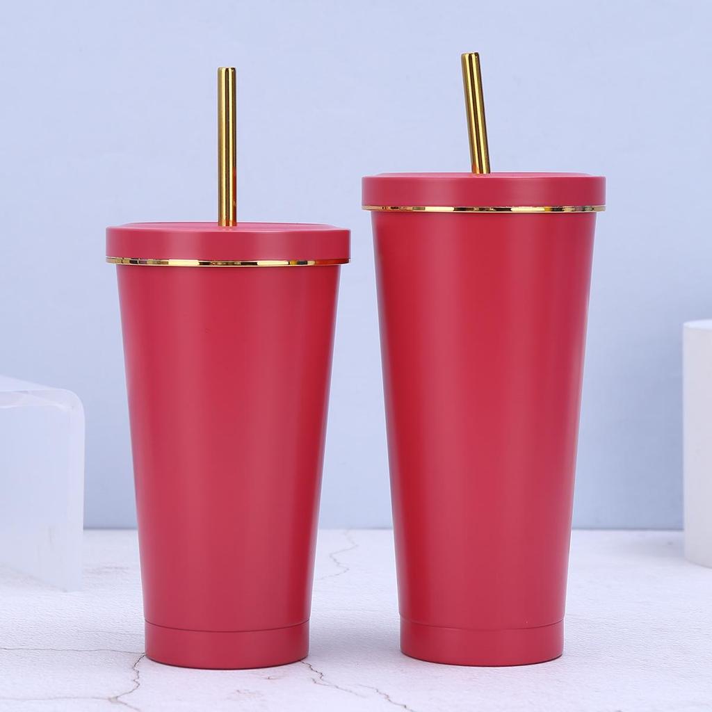 In Stock 304 Stainless Steel Straw Cup with Gold Rim - Portable Outdoor Thermos for Car Use