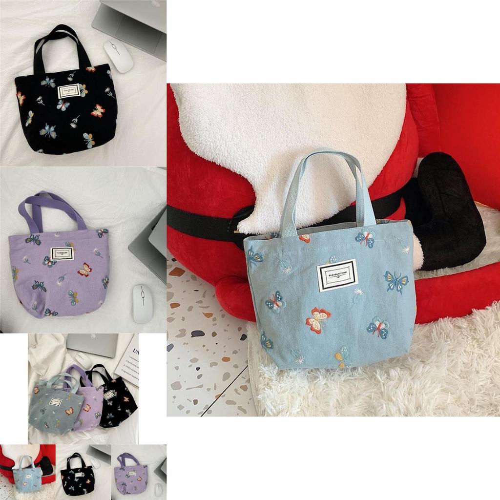 Adorable Purple Butterfly Embroidered Handheld Bag Trendy Cotton Linen Lunch Tote For Everyday Use And Stylish Outfits