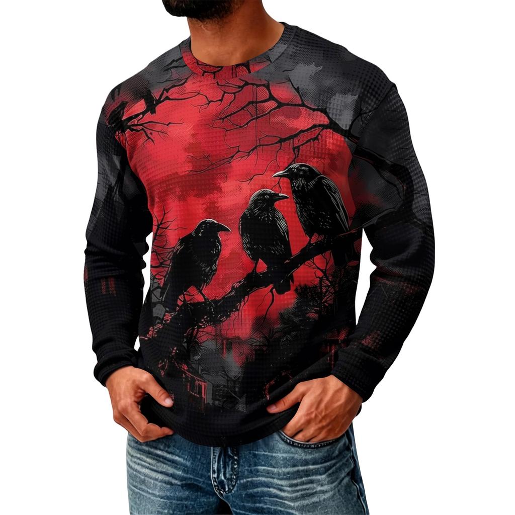 Men's Casual Knit Long Sleeve Neck T-Shirt with Halloween Print for Parties and Fall Daily Wear