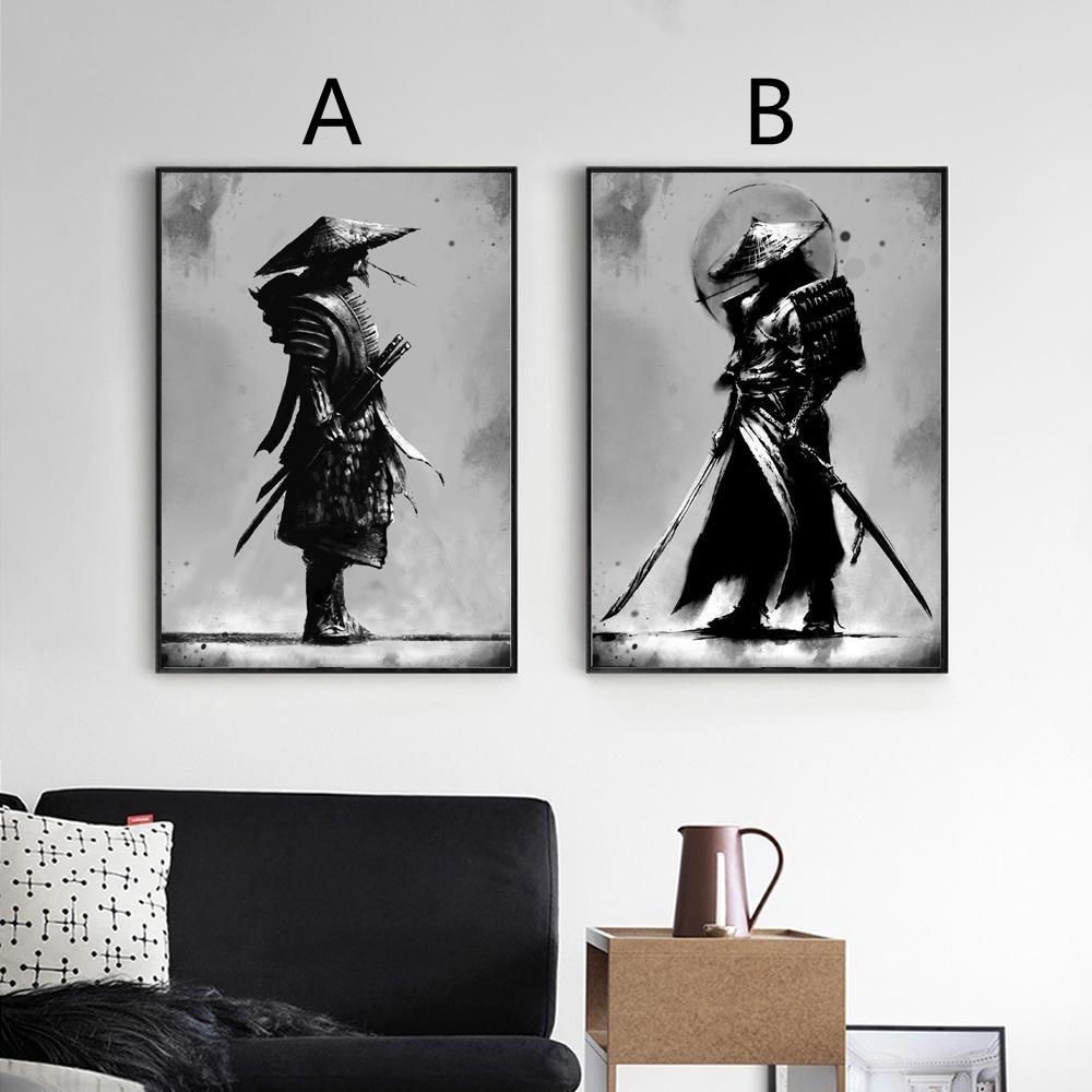 Black and White Japan Samurai Portrait Wall Art Canvas Painting Japanese Warriors Wall Mural Canvas Posters for Living Room Bedroom No Frame