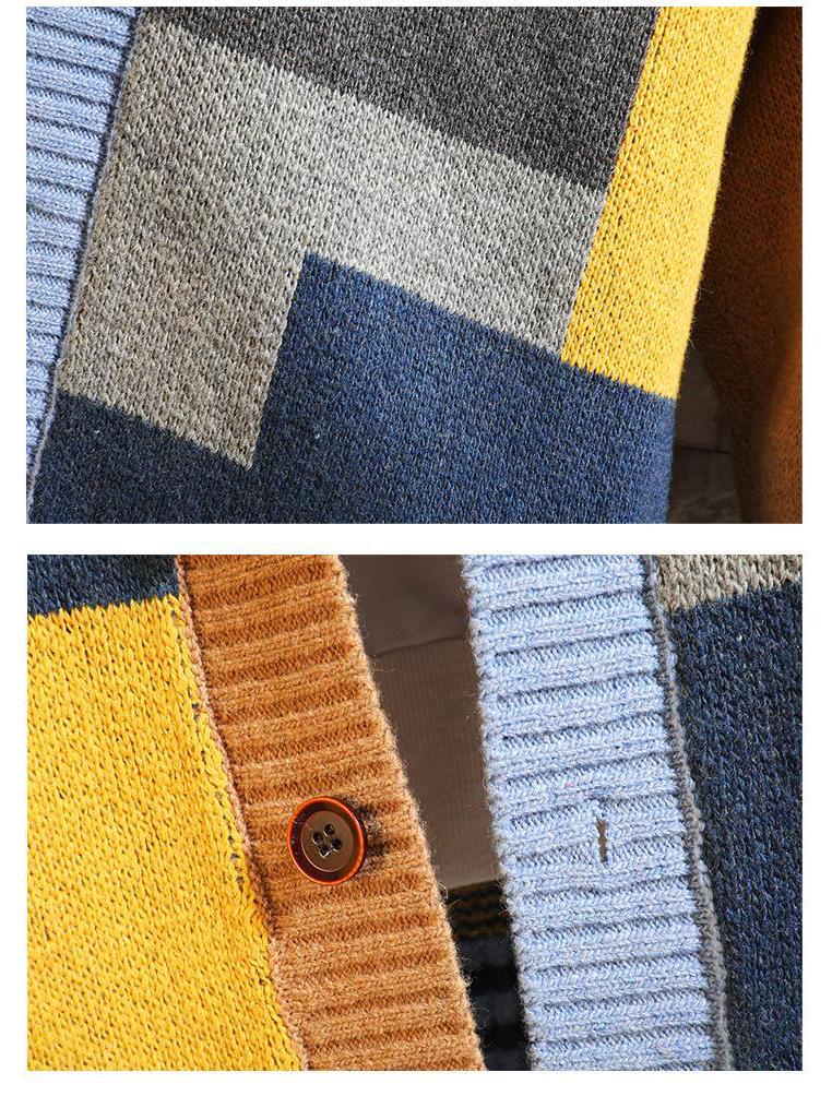 Men's V-Neck Knitted Cardigan Sweater - Autumn/Winter Fashion, Loose-Fit, Long-Sleeved, Stylish Stitch Design.