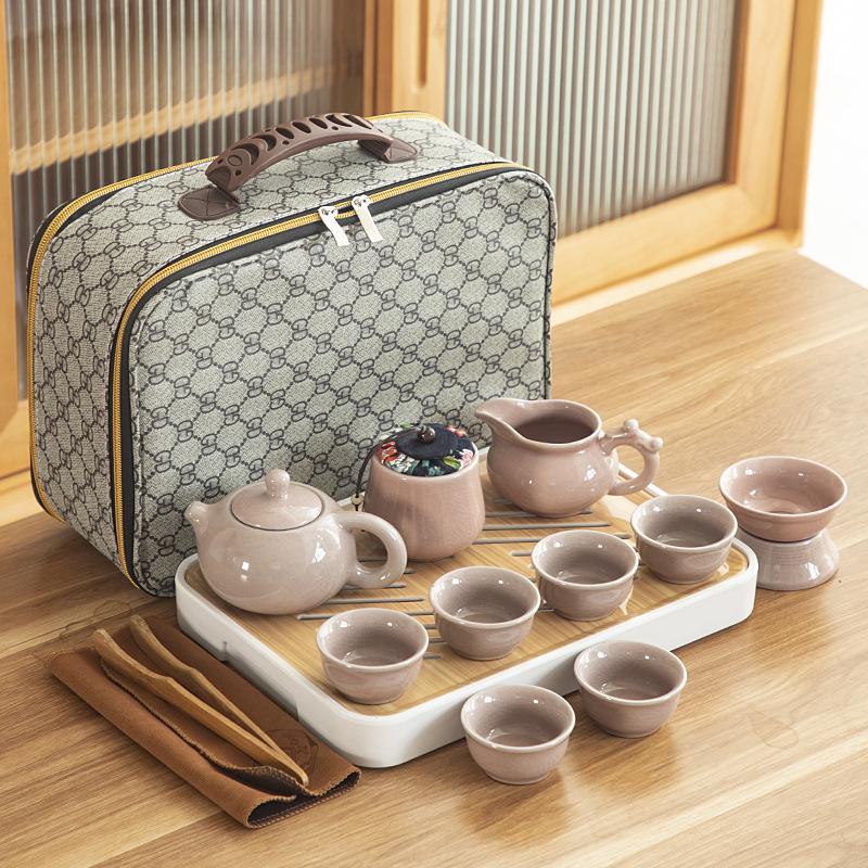 Travel ceramic Kung Fu tea set, tea tray, a full set of portable storage bags, practical business gifts for customers