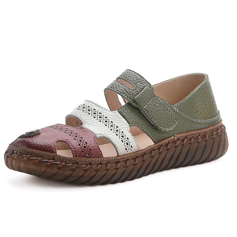 Gladiator Summer Sandals Women's Big  Woman Real Leather Sandals Ladies Patchwork Strap Non-slip Flats