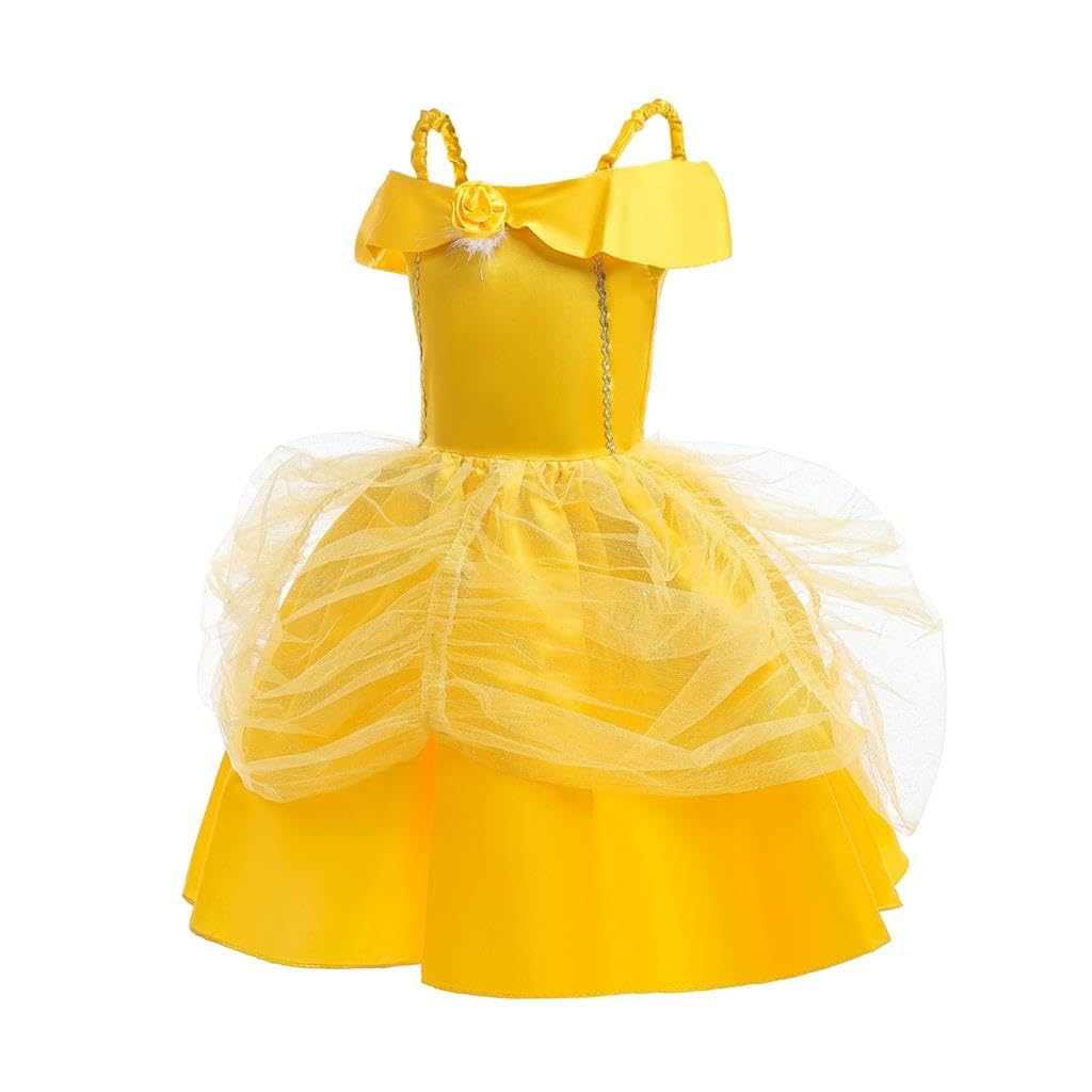 Girls Princess Dress Up Costume Yellow Costume Halloween Christmas Birthday Months Comes with Accessories Wand Gloves Rose Necklace Earrings [Dressy