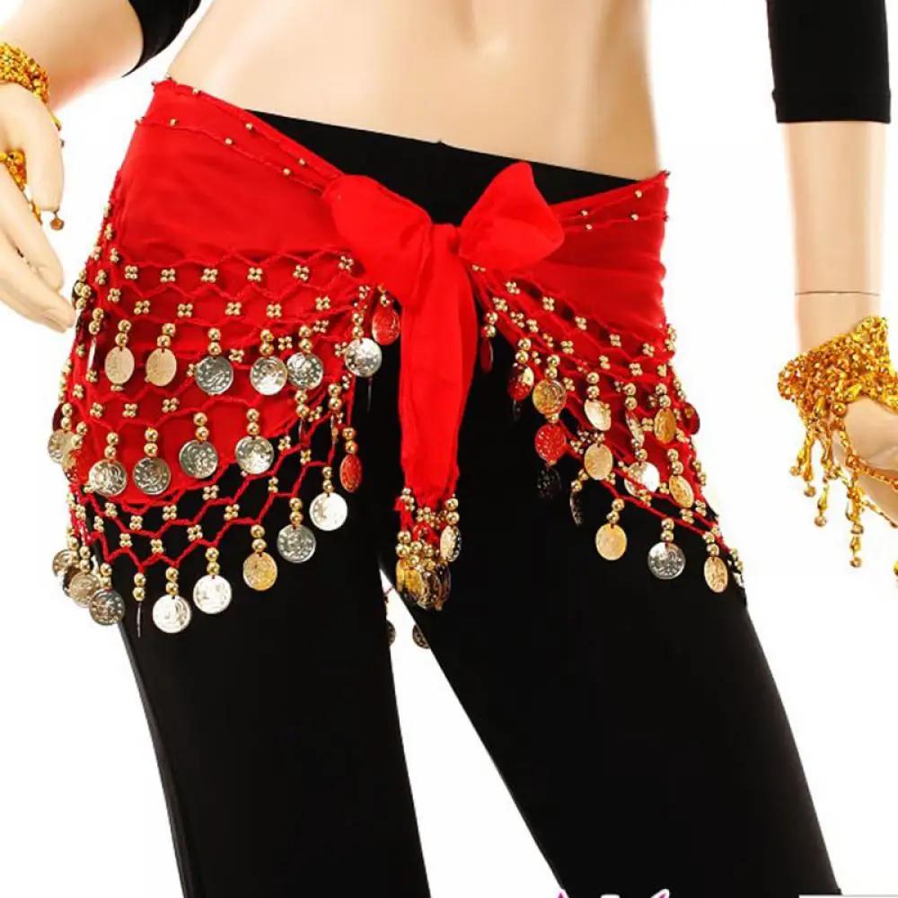 Lady Women Belly Dance Hip Scarf Accessories 3 Row Belt Skirt With Gold Bellydance Tone Coins Waist Chain Wrap Adult Dance Wear