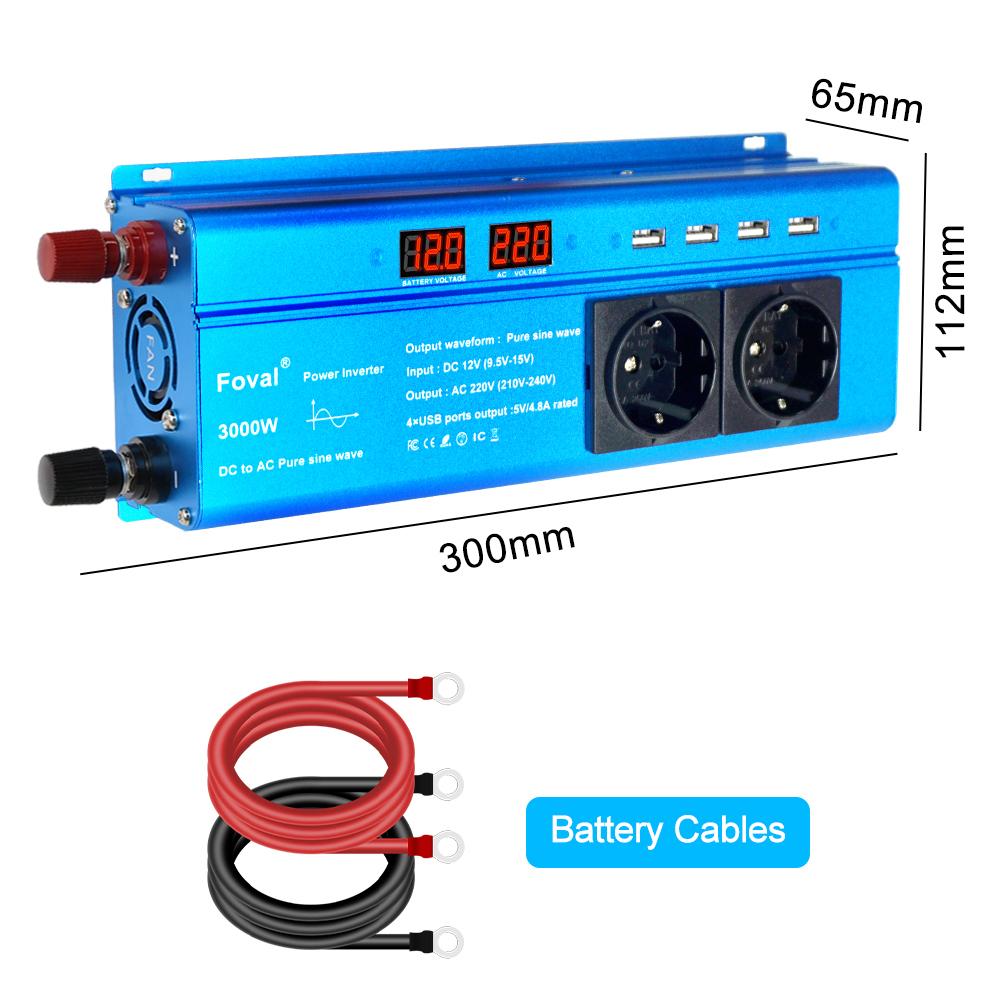 Pure Sine Wave Inverter with Dual LED Display, 1500W Continuous/3000W Peak, DC 12V to AC 220V, 3.1A USB, EU Socket