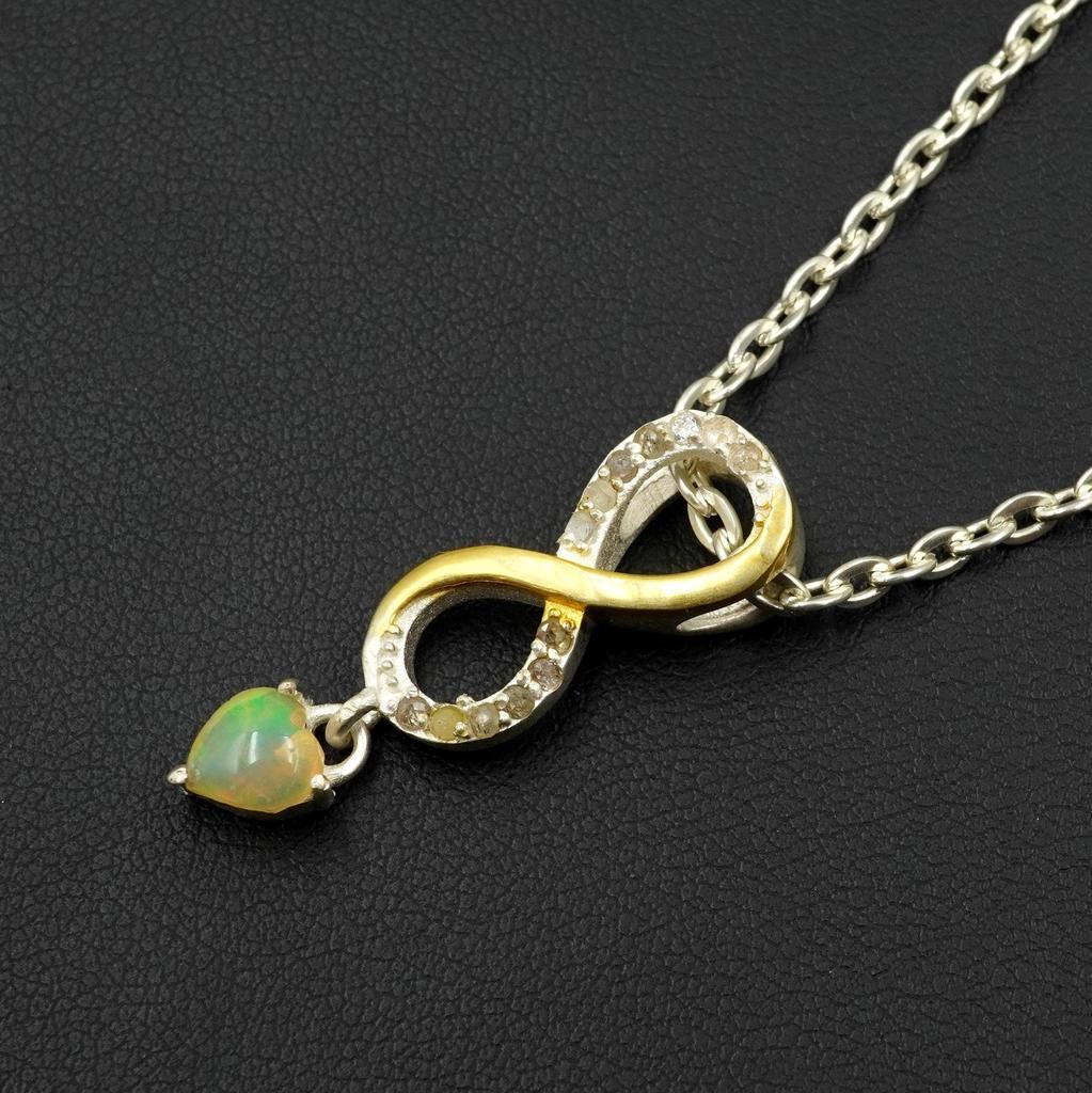 Ethiopian Silver Opal and Diamond Pendant - Handmade Gemstone Jewelry