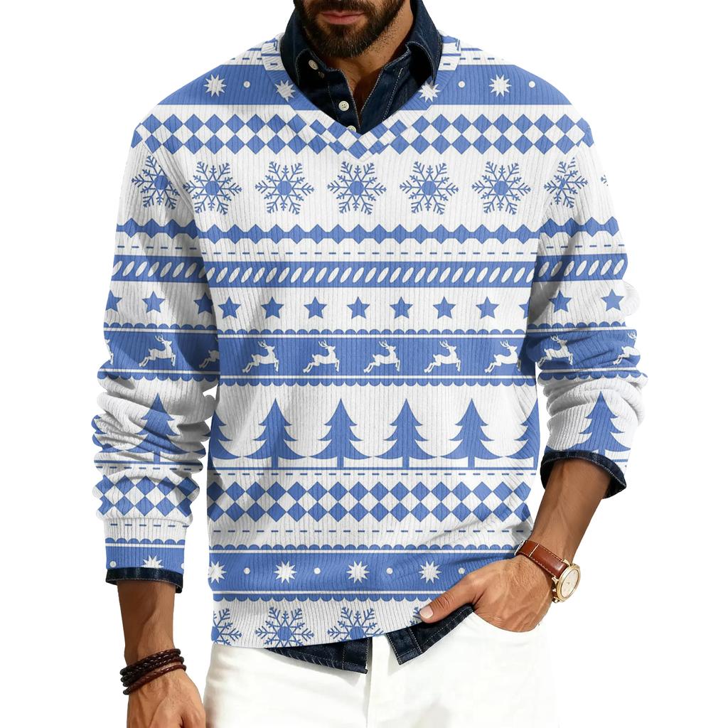 Pánský pulovr s V-výstřihem, s dlouhým rukávem, žebrovaný úplet