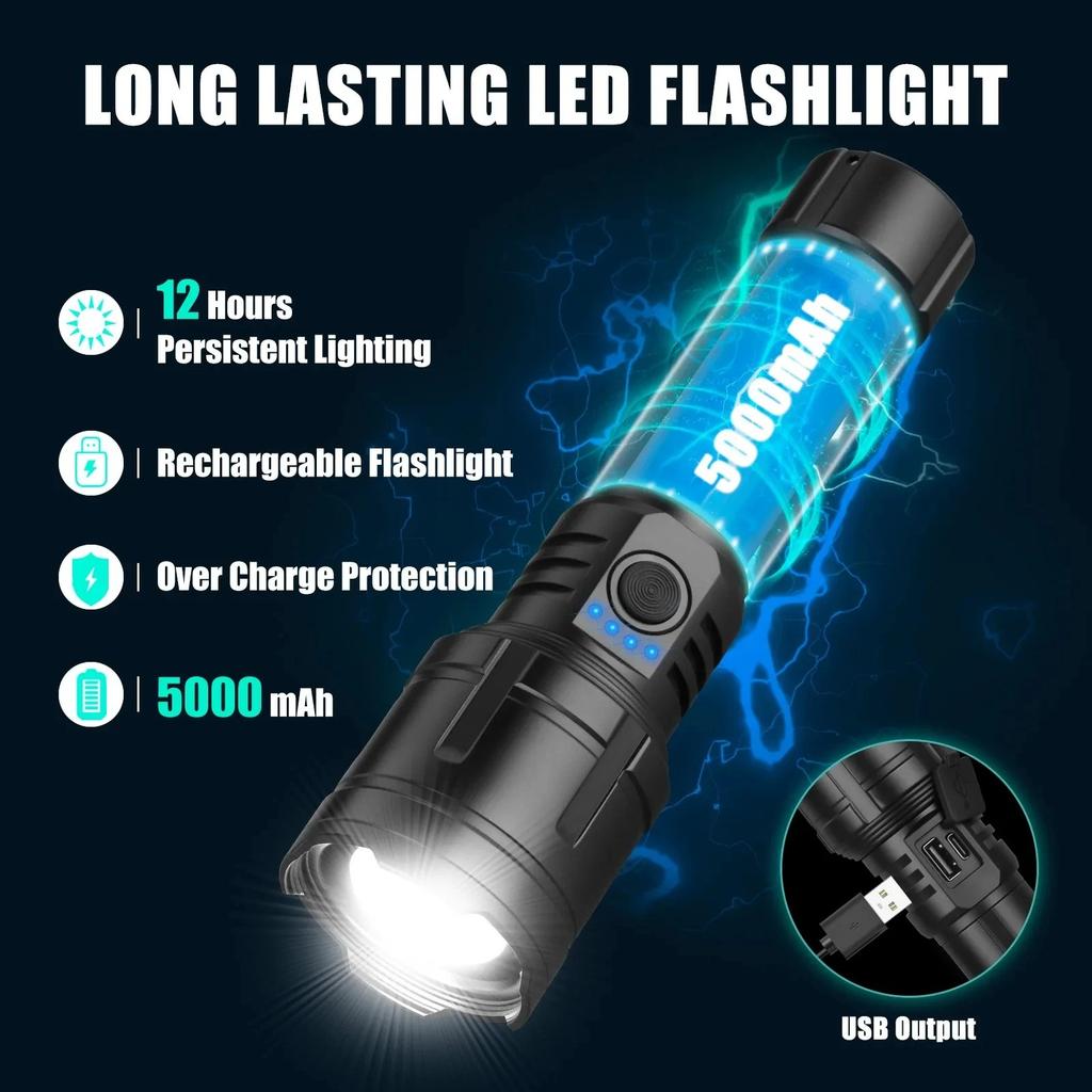 High Power Flashlight Flame Ignition Rechargeable Torch Outdoor Zoom Aluminum Alloy Lantern Light Camping Hiking Emergency Lamp