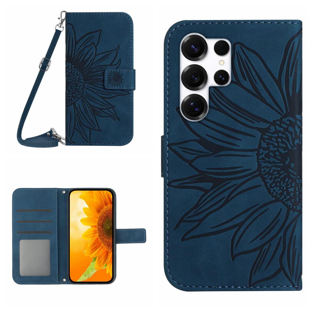For Samsung Galaxy S26 Ultra Wallet Case Sunflower Imprinted PU Leather Phone Stand Cover with Shoulder Strap