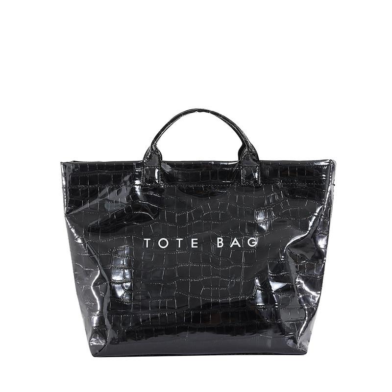 Simple Chic Ladies Tote Bag With Solid Color Letter Printed Crocodile Texture For Casual Outings