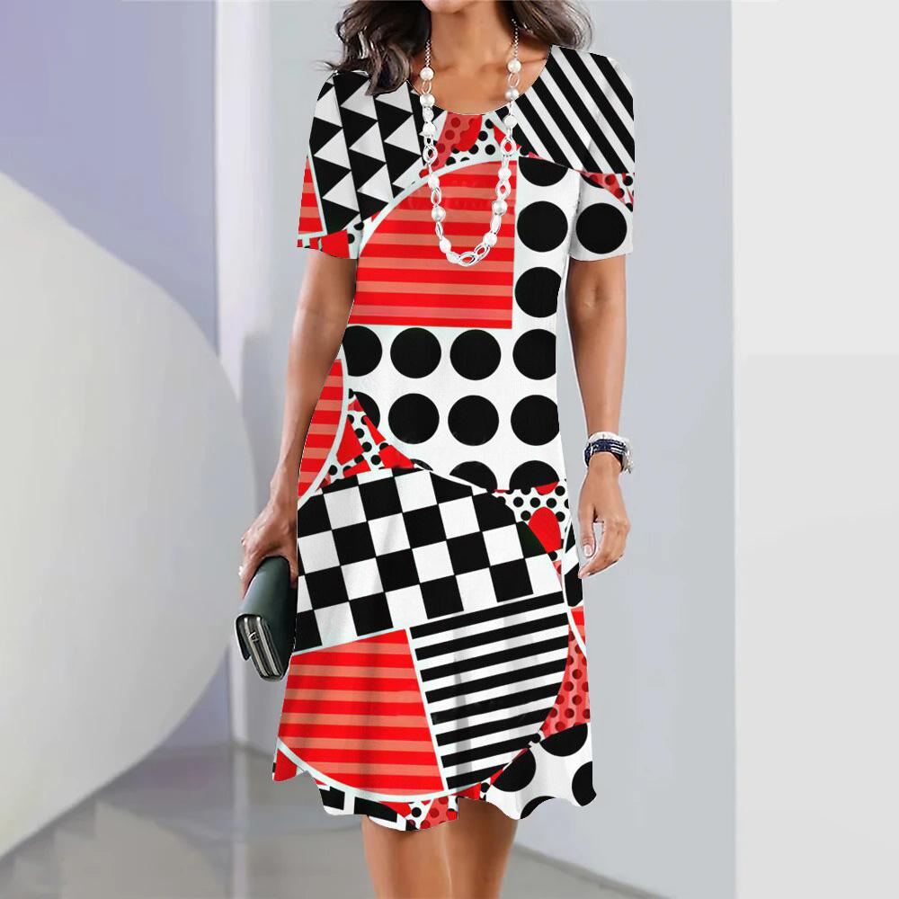 Summer Women's Fashion Round Neck Short-sleeved A-line Dress 3d Colorful Printing Casual Loose Dress