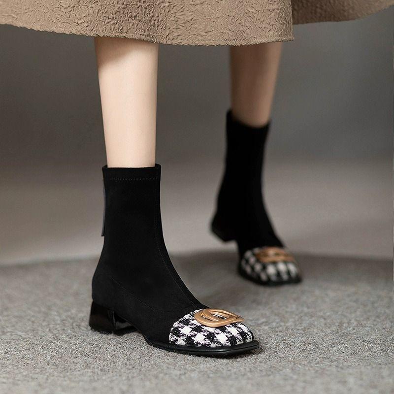 Square head thick heel metal buckle thin boots women's autumn and winter new middle heel back zipper short boots thousand grid bird color matc