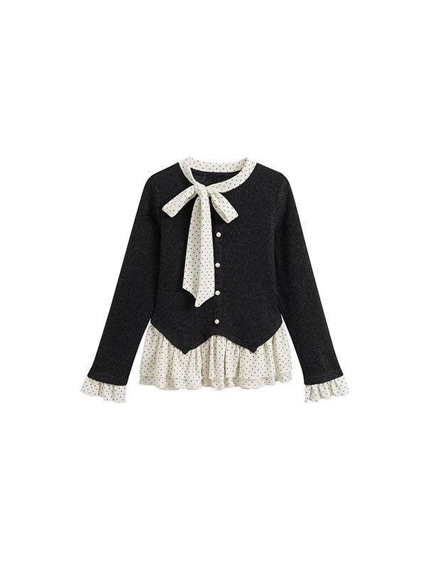 

Korean Style Tie-Up Polka Dot Faux Two-Piece Slim Fit Long Sleeve Women s T-Shirt Large чёрный