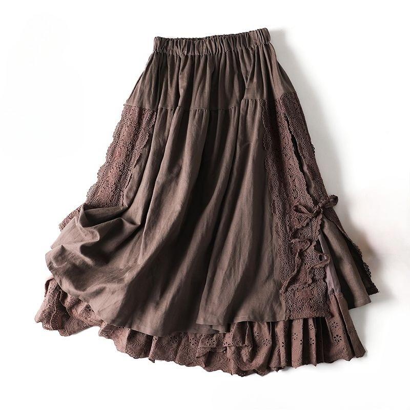 Damen Stickerei Elastischer Bund Midi Rock mit Seitenband Patchwork Frühling und Sommer Freizeitrock