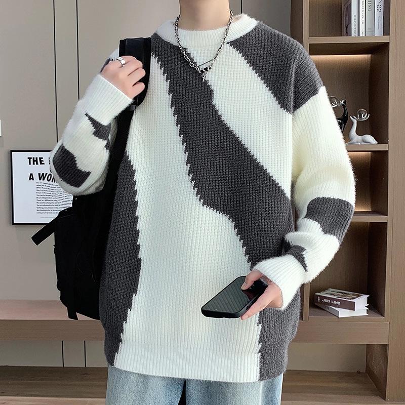 Men's Trendy Striped Cable Knit Sweater - Autumn/Winter 2025 Loose Warm Woolen Base Layer.