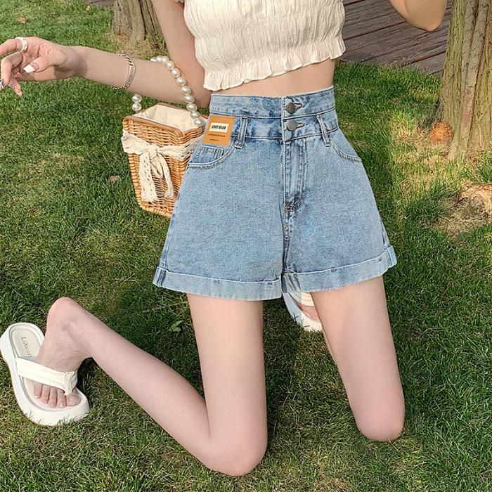 

Женские джинсовые шорты с двойной пуговицей, кудрявым краем, весна-лето, новая модель, с высокой посадкой, свободные и стройнящие, широкие, А-силуэта XXL