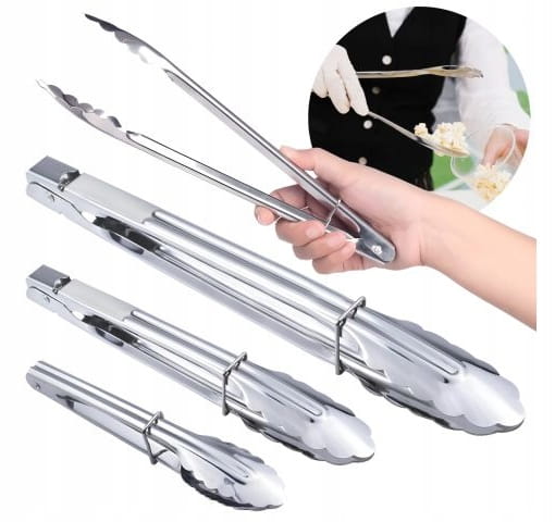 Set of Steel Grill Tongs, 3 Pieces, Different Sizes