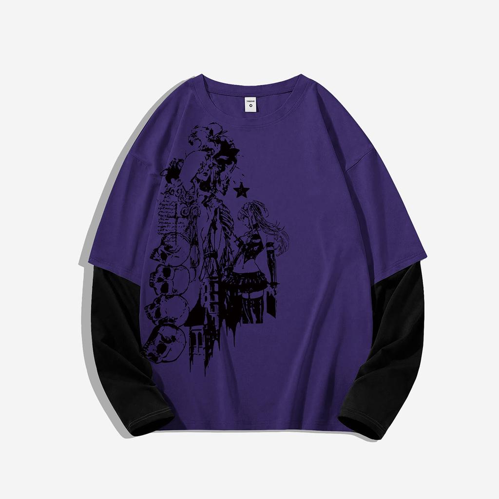 Dark Skeleton Two-Piece Long-Sleeve T-Shirt: Subculture Punk Streetwear, Perfect for Couples
