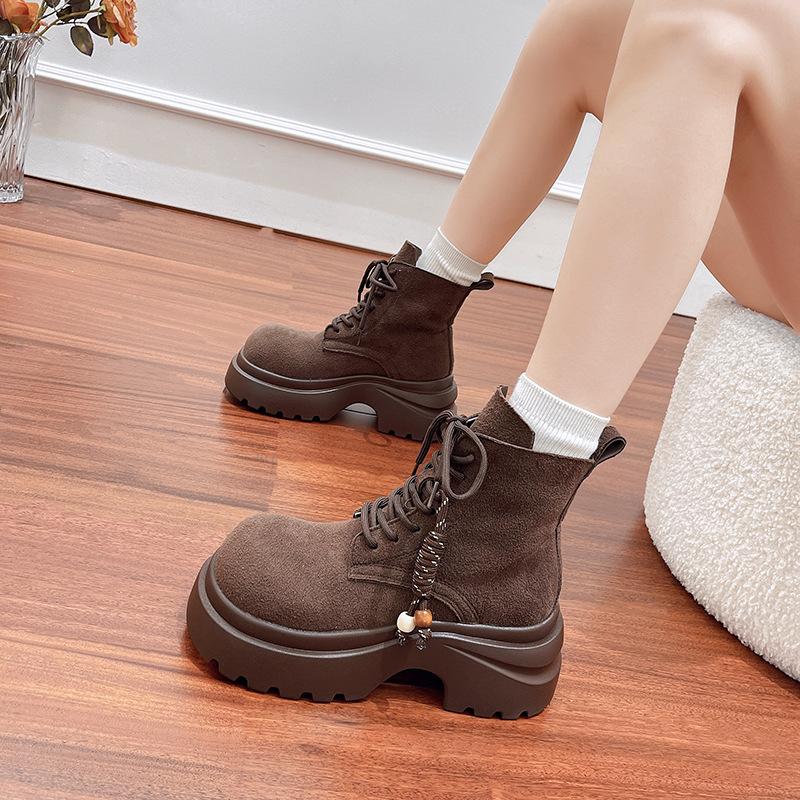 

Retro thick-soled heightening Martin boots women s autumn new fashion Maillard slim short boots lace-up big yellow boots 40 коричневый