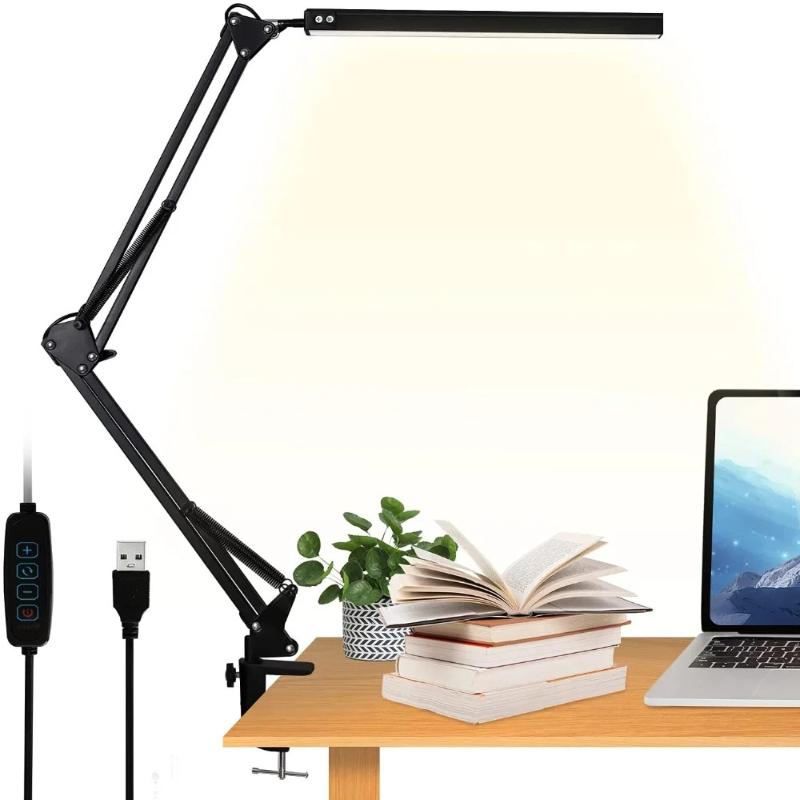 1 st LED-bordslampa med klämma, svängarm, ögonvänlig, dimbar, 10 ljusstyrkenivåer, 3 lägen, USB