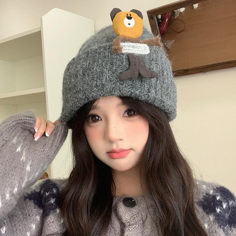 Cute Pullover Hat for Women Autumn and Winter Bear Patch Woolen Hat Korean Style Versatile Warm Ear Protection Cute Knitted Hat