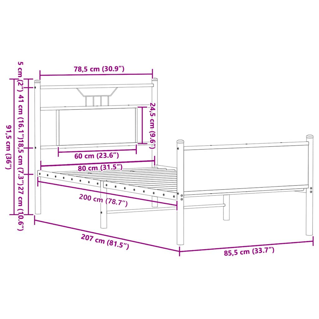 Bed Frame without Mattress Smoked Oak Finish 80 x 200 cm Engineered Wood