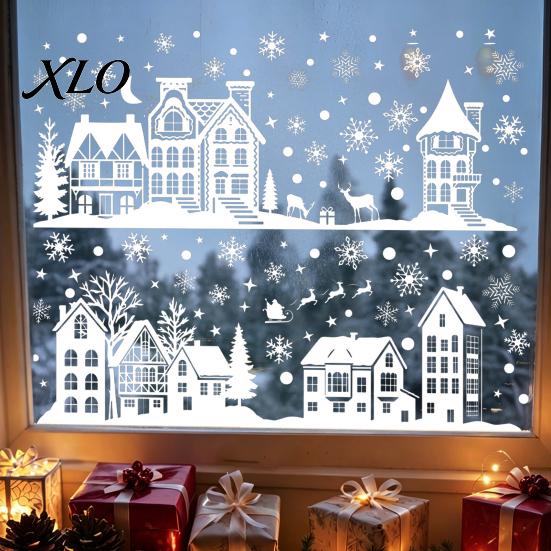 Holiday Home Window Ornament 2Pcs Christmas Town Static Glass Sticker, Reusable Decal with Snowflake Indoor Outdoor Stickers Pattern, Decorative