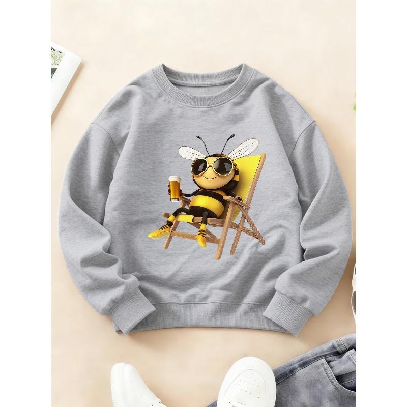 Kids Crewneck Long Sleeve Sweatshirt, Fun Quirky Print of Glasses-Wearing Bee Drinking Beer