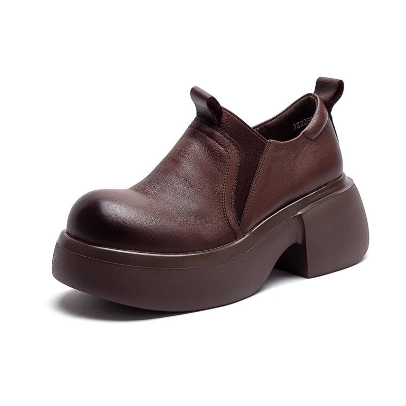 Fashion Spring Autumn British Big Head Genuine Leather Shoes for Women Thick Soled Platform Shoe Retro Height Increasing Women's Shoes