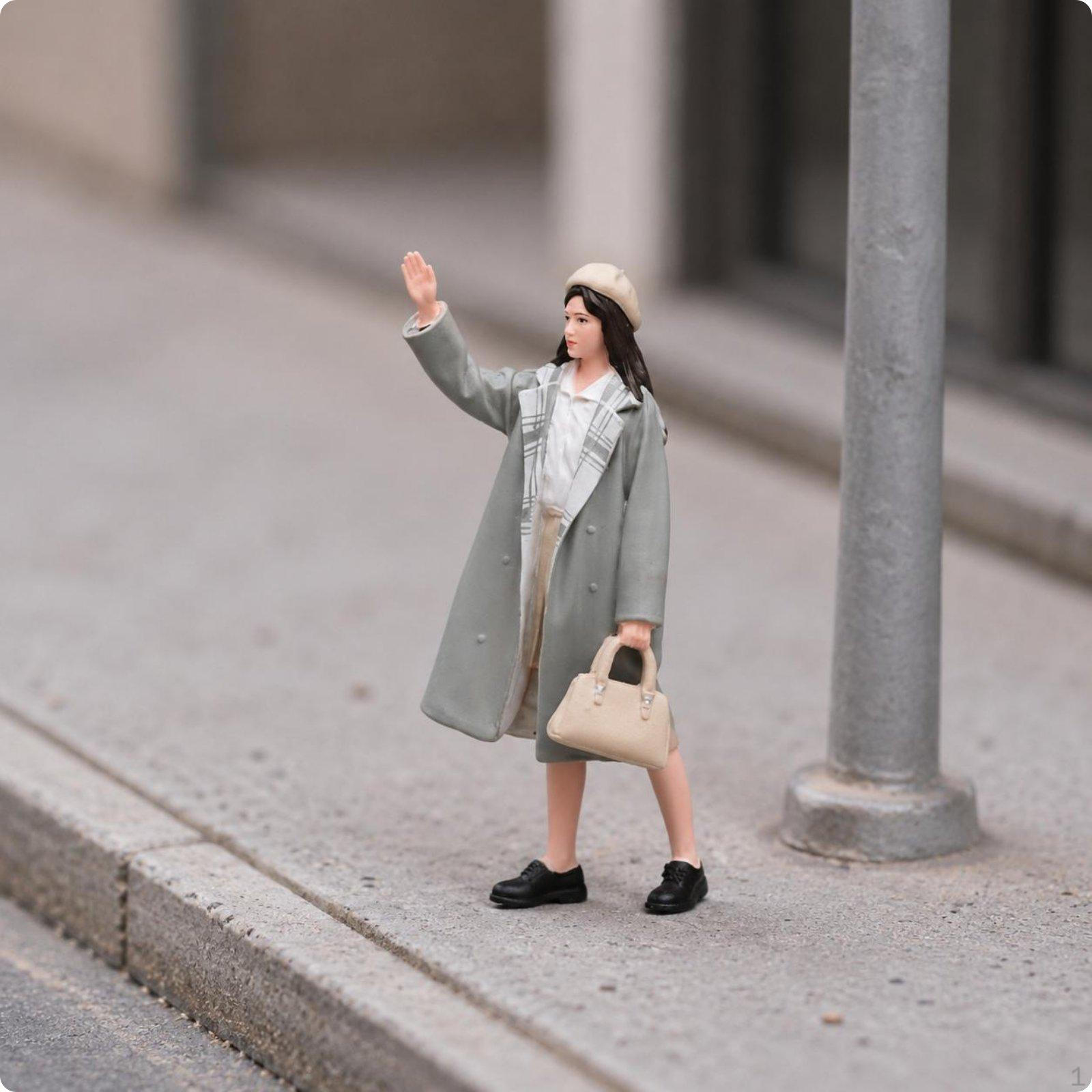Painted Girl Figurine Miniature Scale Trench Coat Figure Detailed Finish Waving Woman Statue 1-24