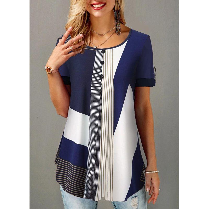 

Round Neck Short Sleeves Plus Size Blouse Shirts Summer Tops L Beige