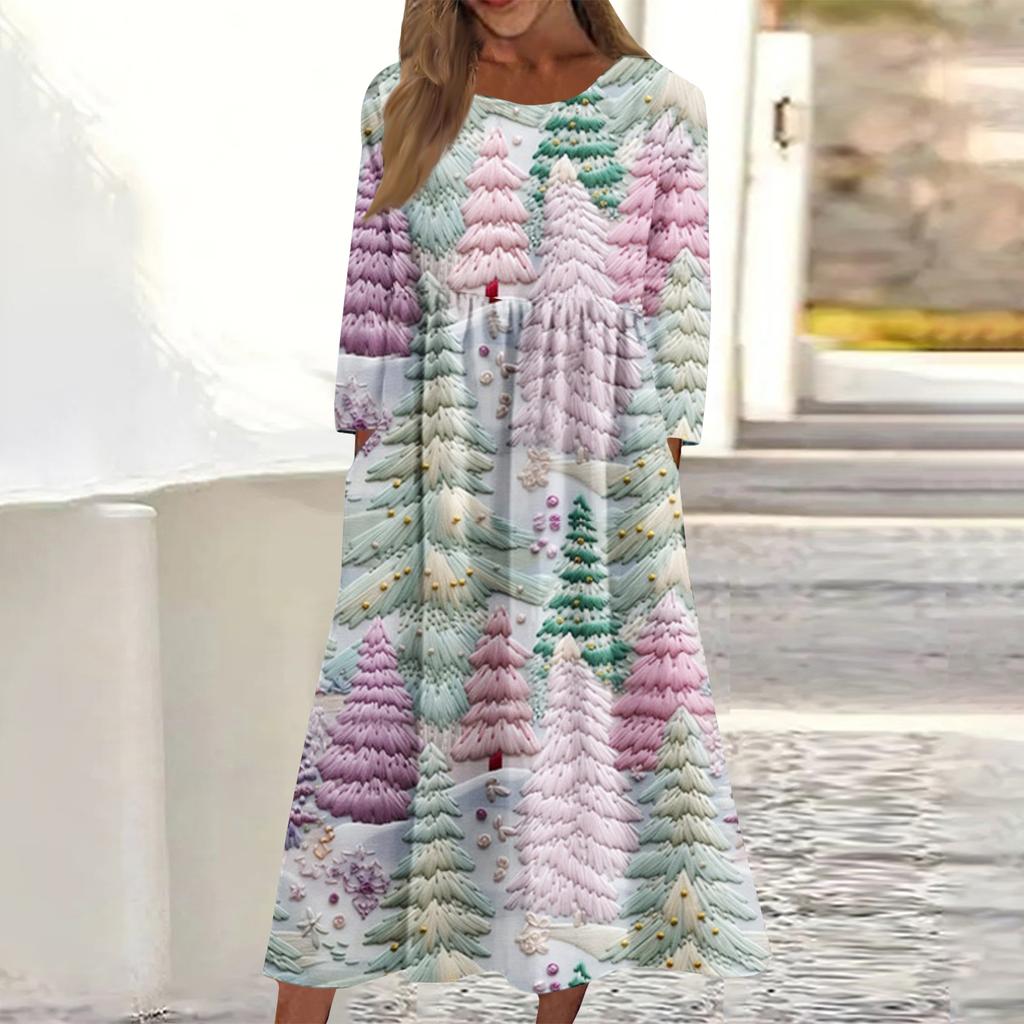 Women's Casual Round Neck Christmas Print Midi Dress Long Sleeve Pocket Dress
