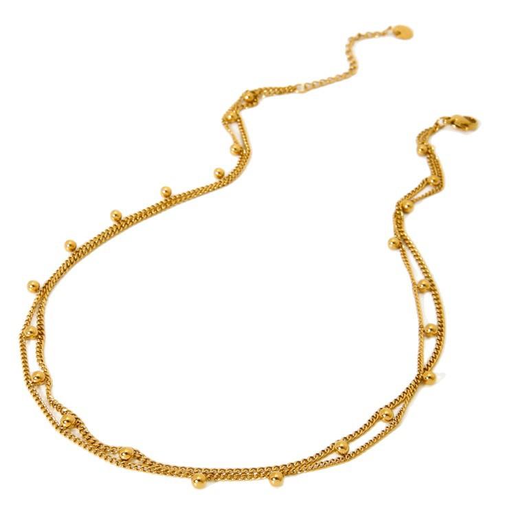European and American Retro Fashion Double-layer Round Bead Doudou Necklace Plated with 18K Gold Stainless Steel Stacked Chain Cuban Chain
