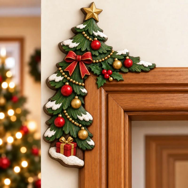 Wooden Christmas Door Frame Corner Decor Set - Gingerbread Man Design Rustic Home Holiday Ornament Indoor Wall Hanging