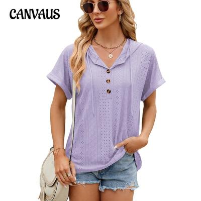 Summer Women's T-shirt New Solid Color Button Hooded Loose Short Sleeve T-shirt Top