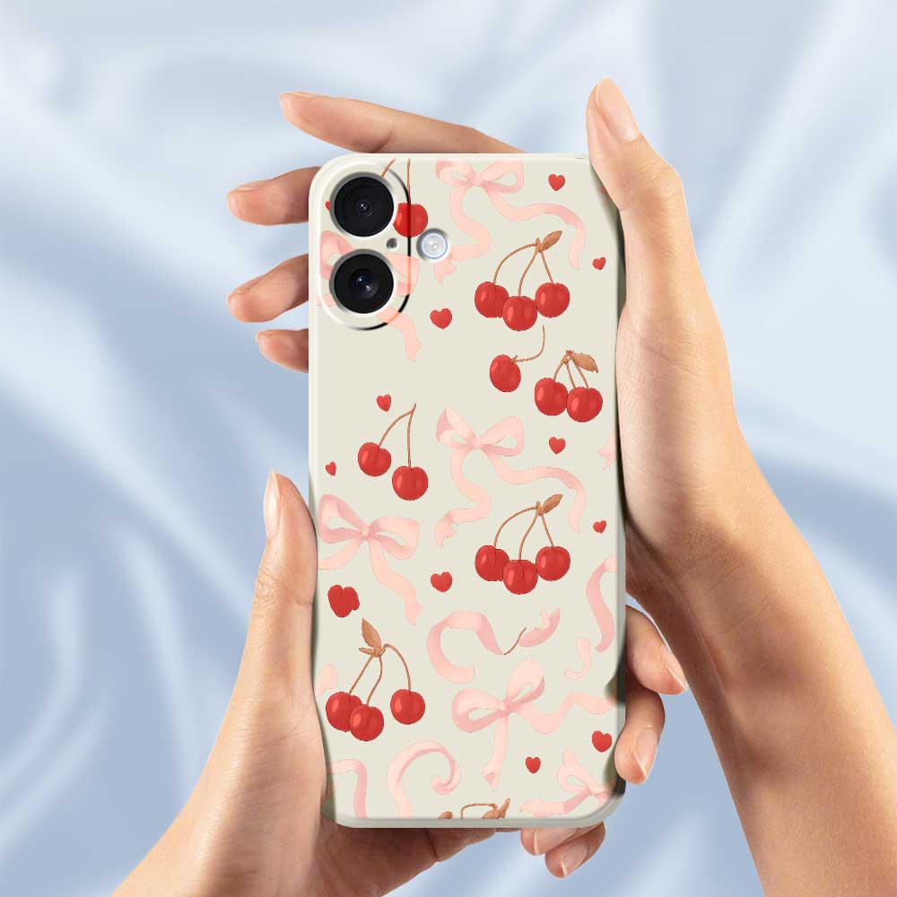 For iPhone 17 Case Big Bow Cherry Pattern Printing Straight Edge TPU Phone Back Cover