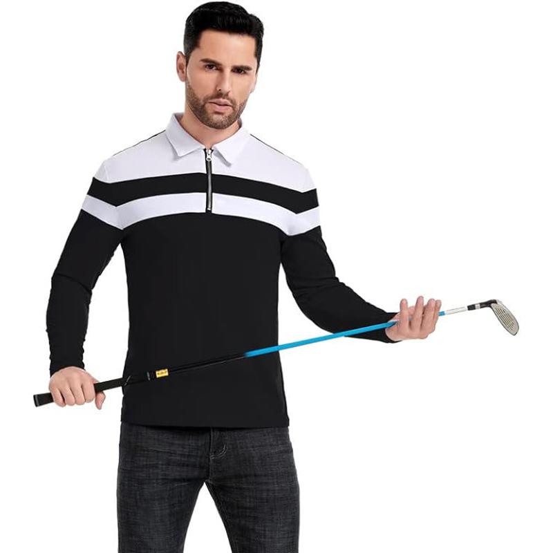 Men's Casual 1/4 Zipper Long Sleeve Polo Shirts Men Fashion Patchwork Stretch Cotton Shirt Slim Autumn Spring Work Outdoor Collared T Shirt EURO Size