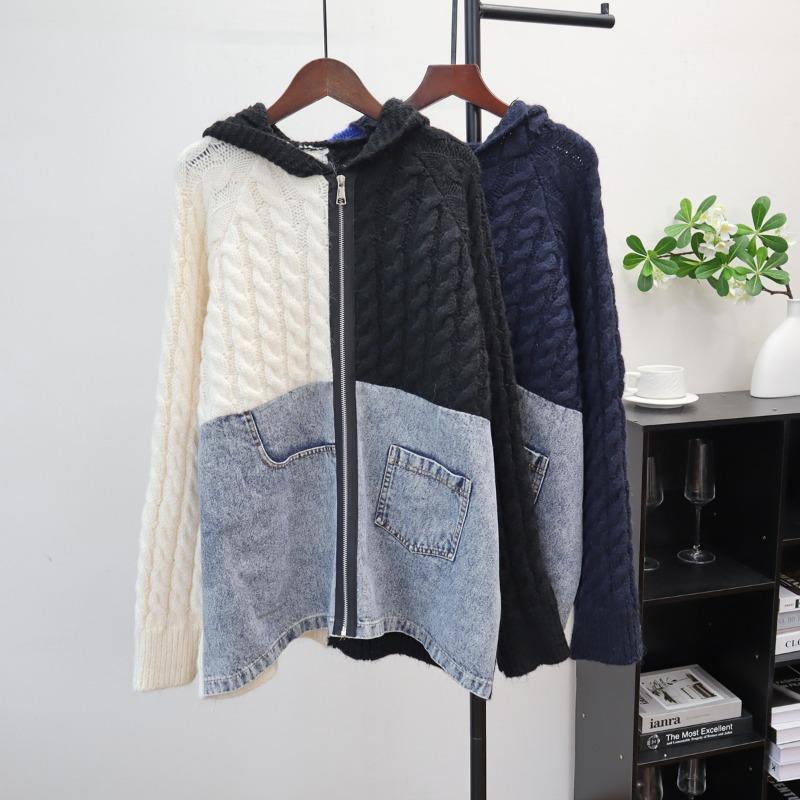

Осень и зима новый свитер с молнией и перекрутом, дизайн джинсовой куртки с лоскутным шитьем, свободный повседневный вязаный кардиган для женщин one size fits all