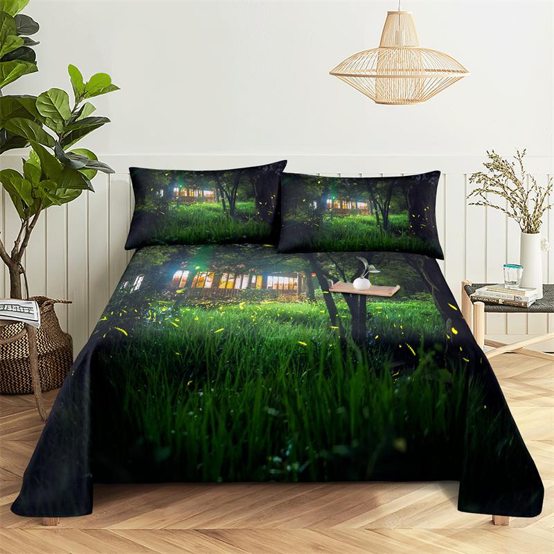 Bedding Sets Green Forest Print Bed Sheet Fashion Design Double Flat Sheet Boys Girls Bed Sheet Set Bed Sheets and Pillowcases