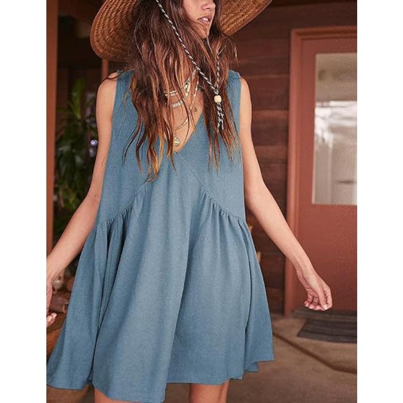 Women's V-neck Sleeveless Pleated Vest Pocket Casual Dresses