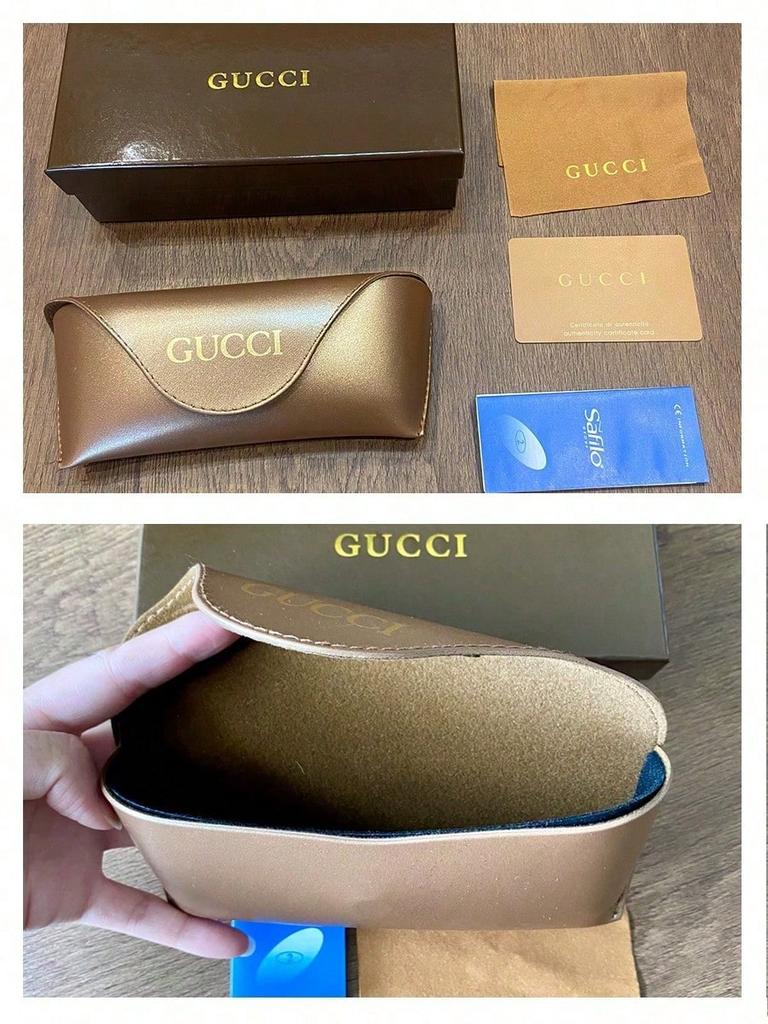 Gucci brown leather hard-case sunglasses case with gold logo