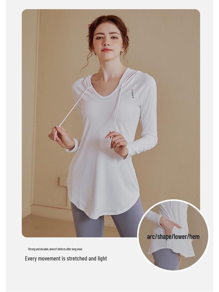 Damska luźna bluza fitness z kapturem i długim rękawem - Casualowy top do jogi o średniej długości, wygodny na jesień