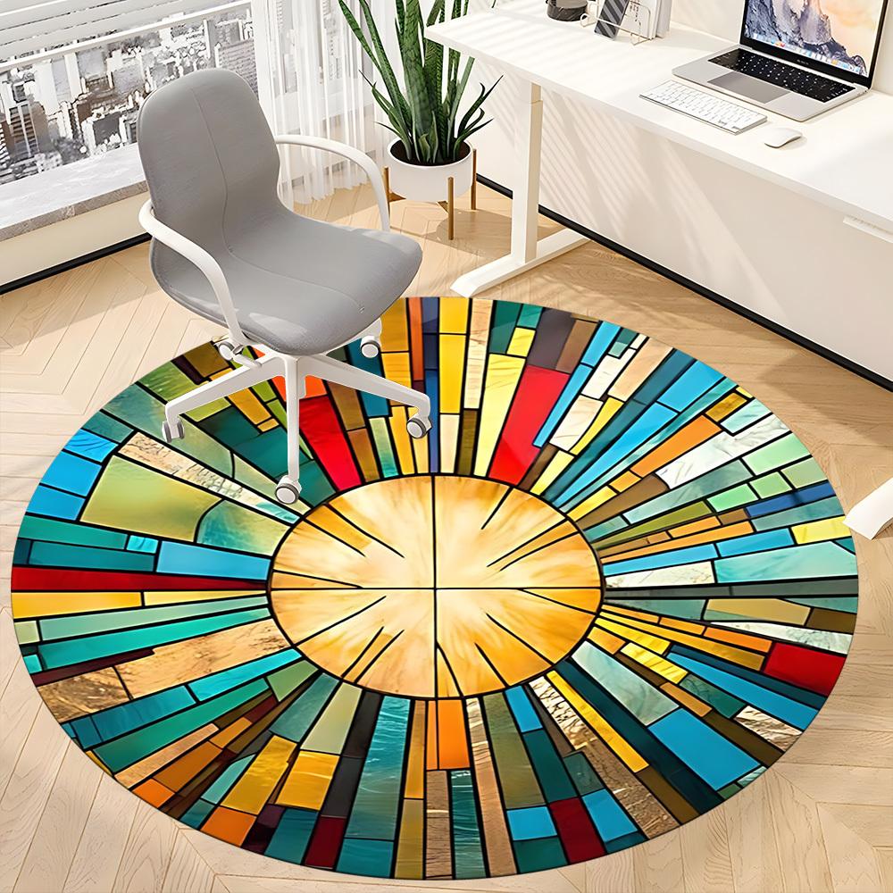 1pc Stained Glass Sunburst Office Round Area Rug, Indoor Mat Suitable ForOffice, Under Office Chairs Bedroom Living Room Home Decor, Room Deco D058