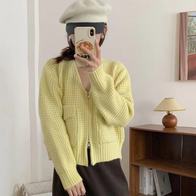 Short Waffle Double Zipper Knitted Cardigan Women's Autumn and Winter New Loose Versatile Sweater Jacket Tide