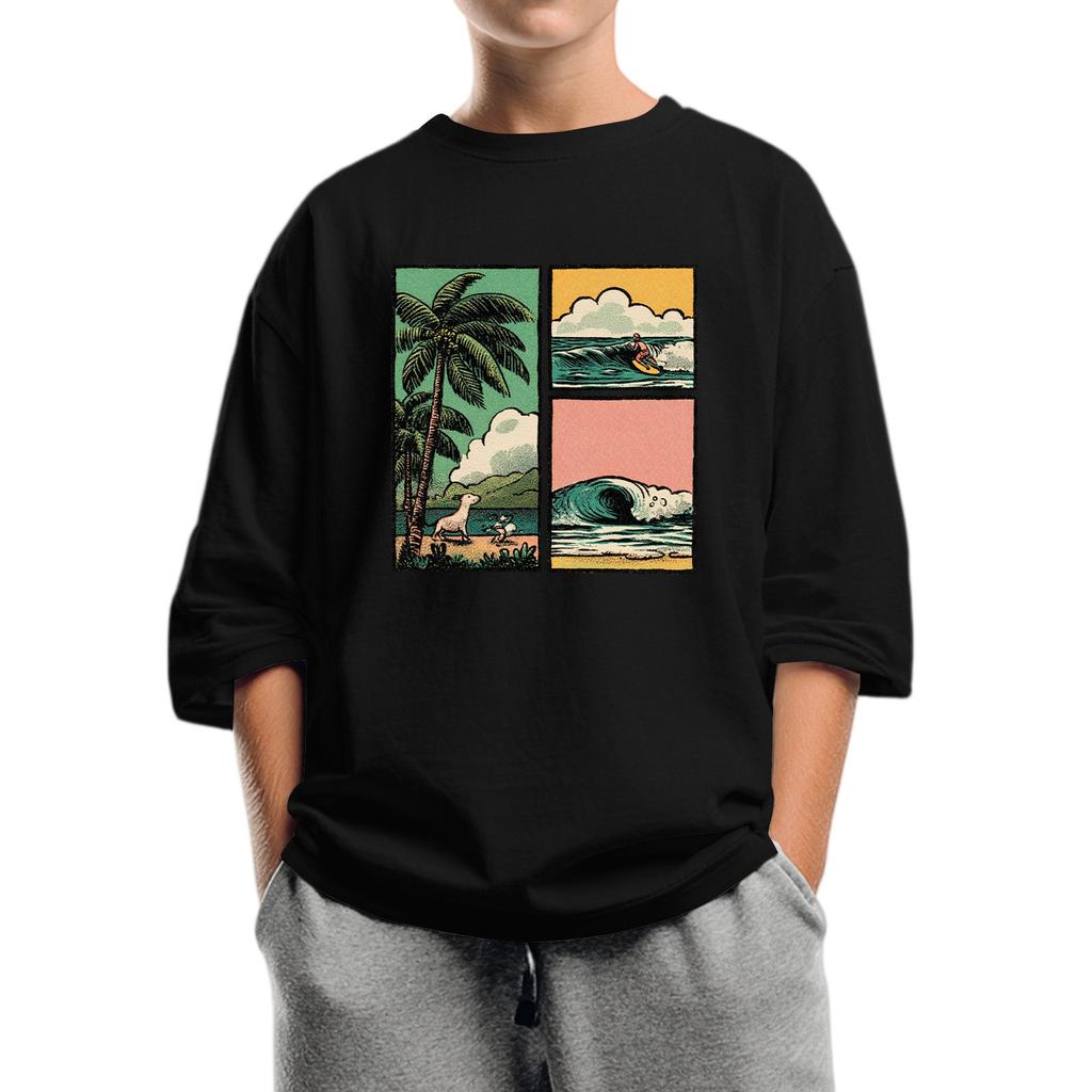 Kindermode Bedrucktes Rundhals-Top mit sieben Ärmeln, lässiges T-Shirt